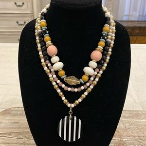 Plunder Beaded Triple Strand Layer Pink Black Stripe Pendant Statement Necklace